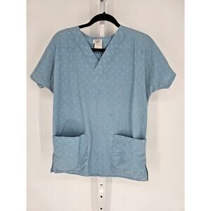 PL Uniform Women's Blue V-neck Heart Print Short Sleeve Scrub Top Size M